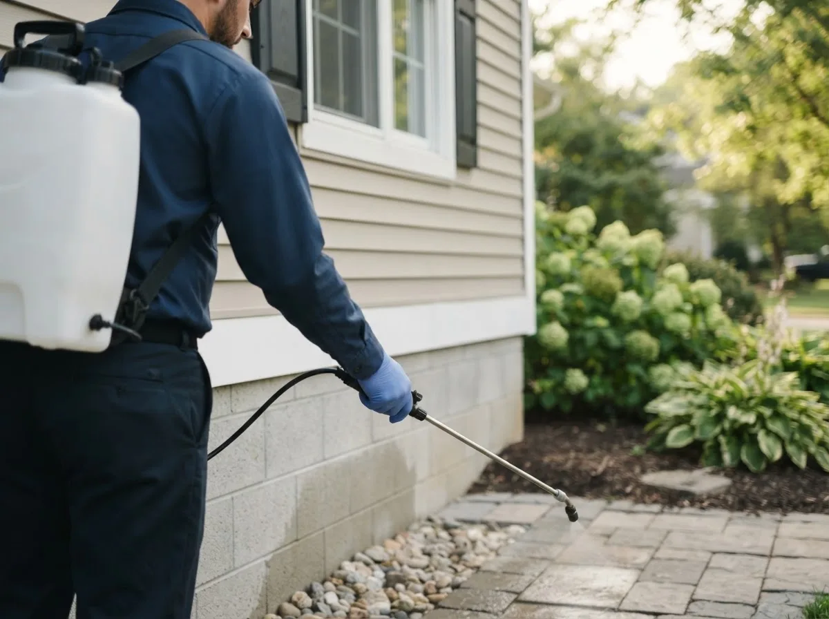 Pest control technician inspecting a home in Grassflat, PA